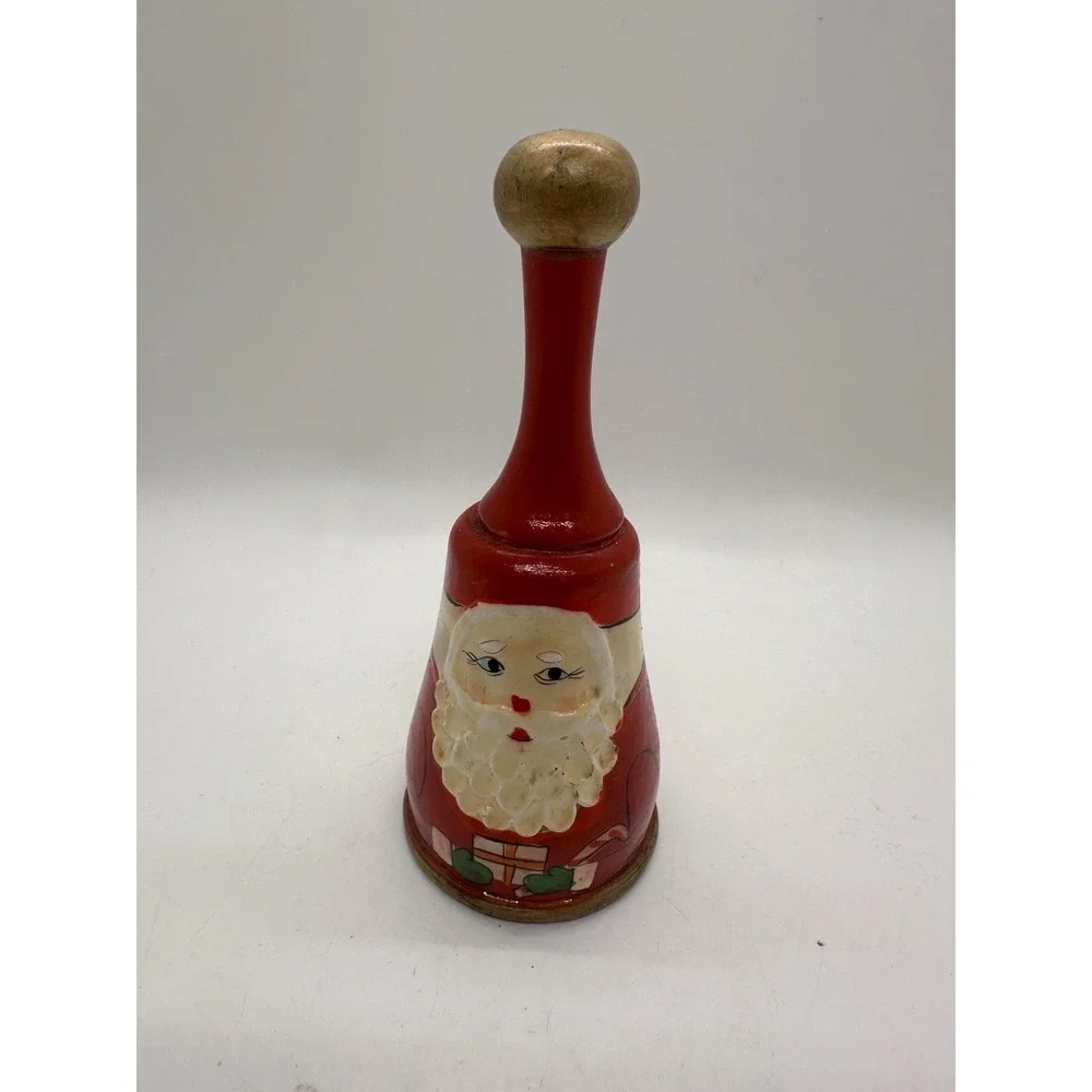 Vintage Hand Painted Wooden Santa Christmas Bell Red White Holiday Decor 5